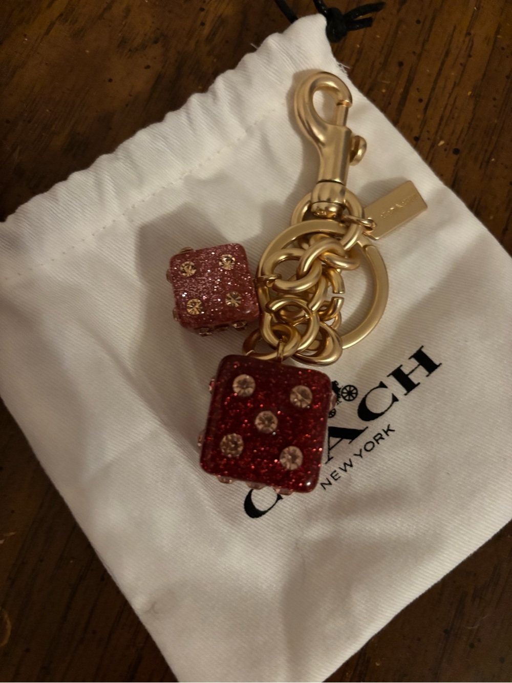 Coach Gold-Tone Keyring with Red Glitter Dice Charms - Picture 4 of 5